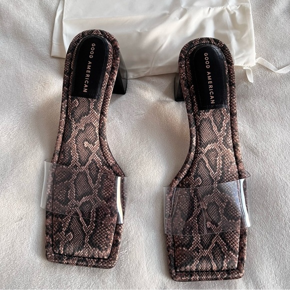 Good American Block Square Toe Heel Mule Sandal Desert Snake - Picture 2 of 7